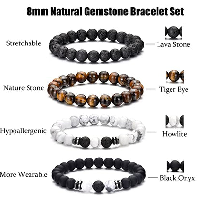 RANKEEF Tiger Eye Bracelet For Men 8MM Natural Stone Beads Bracelet Set Stretch Lava Rock Bracelets Adjustable Black Crystal Beaded Bracelet for Men Women Gifts