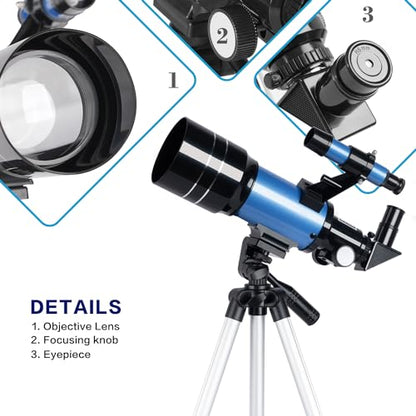 ESAKO Telescope for Kids & Adults, 70mm Portable Beginner Telescopes with 3 Eyepieces, Height Adjustable Tripod & Phone Adapter