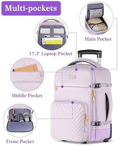 DEEGO Rolling Backpack for Women, 17.3 inch Travel Backpack with Wheels for Adult, Large Wheeled Backpack with Toiletry Bag, College Roller Travel Backpack Carry on Luggage for Work Business, Purple