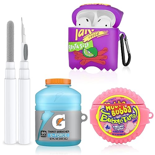 [3Pack]Cute Airpod Case for Airpod 2/1 with Cleaner kit,3D Kawaii Silicone Cartoon Food Funny Protective Cover Accessories for Airpod 1&2 Gen Charging Case for Girls Boys-Bubble Gum+Sport Water+Takis