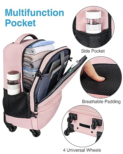 Taygeer Rolling Backpack for women, 17 inch Travel Laptop Backpack with Wheels & Shoe Pouch, Large Wheeled Backpack Carry on Luggage, Overnight College Work Suitcase Bag Roller Backpack Adult, Pink