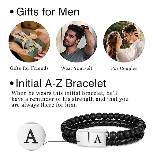 Leather Beaded Bracelets for Men, Black Beaded Initial Bracelets for Men Braided Leather Bracelets for Men 6mm Matte Agate Mens Bracelet Beads Letter K Initial Bracelets for Men Jewelry Gifts for Men