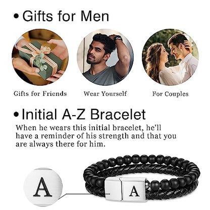 Leather Beaded Bracelets for Men, Black Beaded Initial Bracelets for Men Braided Leather Bracelets for Men 6mm Matte Agate Mens Bracelet Beads Letter K Initial Bracelets for Men Jewelry Gifts for Men