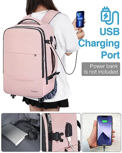 Taygeer Rolling Backpack for women, 17 inch Travel Laptop Backpack with Wheels & Shoe Pouch, Large Wheeled Backpack Carry on Luggage, Overnight College Work Suitcase Bag Roller Backpack Adult, Pink