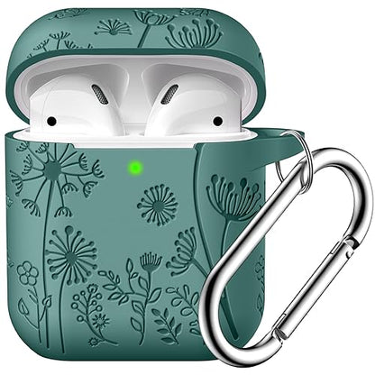 Lerobo Flower Engraved AirPods Case Cover, Stylish Soft Silicone Protector with Keychain Compatible with Apple AirPod 1st/2nd Generation Charging Case, Front LED Visible, Pine Green