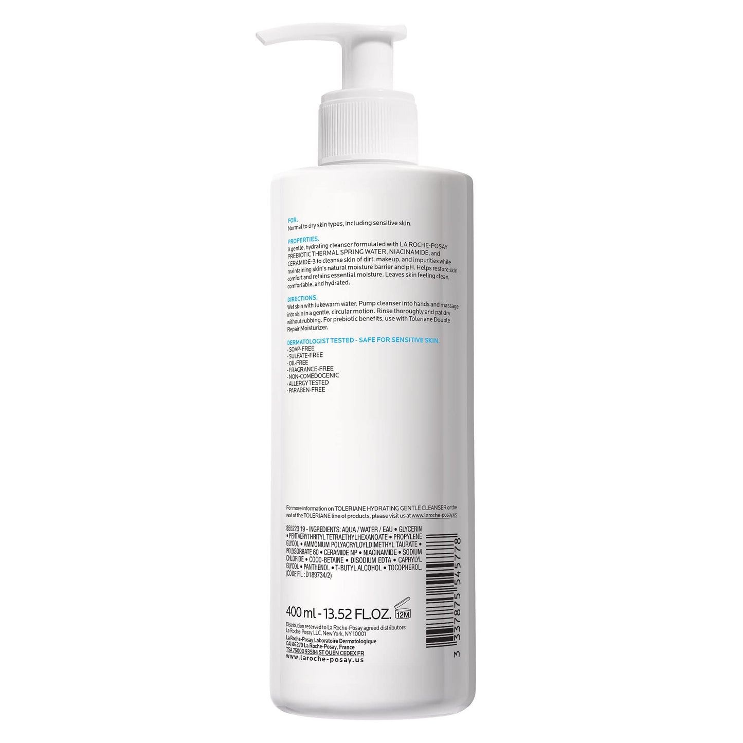 La Roche-Posay Toleriane Hydrating Gentle Face Cleanser, Daily Facial Cleanser with Niacinamide and Ceramides for Sensitive Skin, Moisturizing Face Wash for Normal to Dry Skin, Fragrance Free