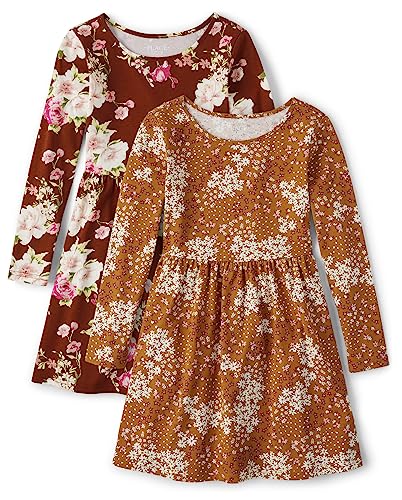 The Children's Place Girls' Long Sleeve Fashion Skater Dress, Cake Floral_Honeycomb | Sm Paulina Floral_hot Spice 2-Pack, Medium