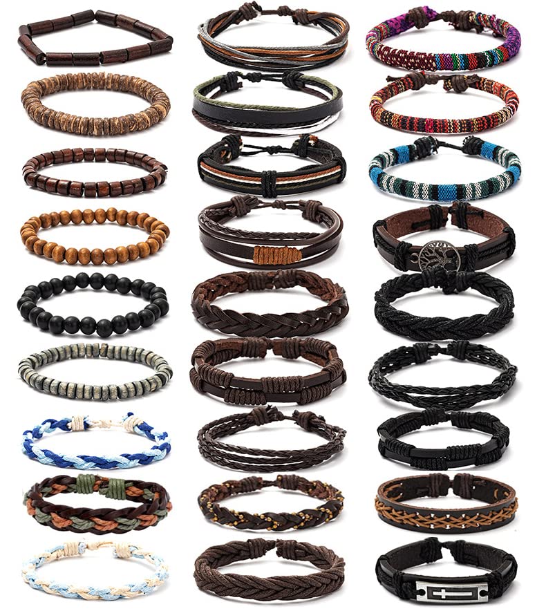 FIRAZIO 27Pcs Braided Leather Bracelets for Men Women Wrap Wood Beads Cuff Bracelet Hemp Cords Ethnic Tribal Handmade Wrap Wristband Bracelets Set Adjustable