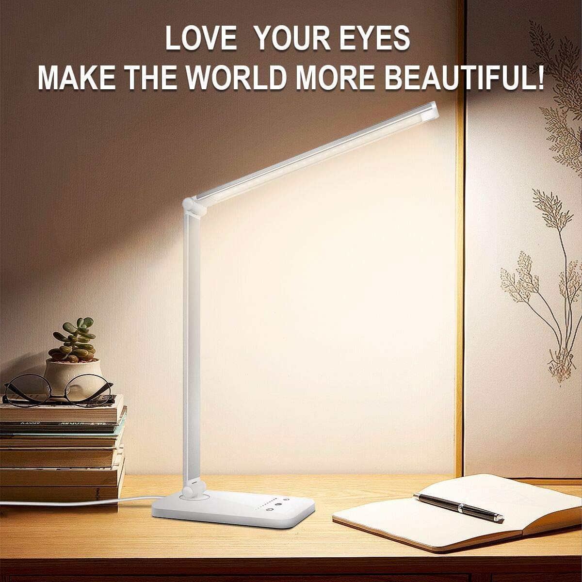 White crown LED Desk Lamp Dimmable Table Lamp Reading Lamp with USB Charging Port, 5 Lighting Modes, Sensitive Control, 30/60 Minutes Auto-Off Timer, Eye-Caring Office Lamp