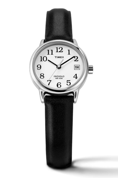 Timex Women's Easy Reader 25mm Watch – Silver-Tone Case White Dial with Black Leather Strap