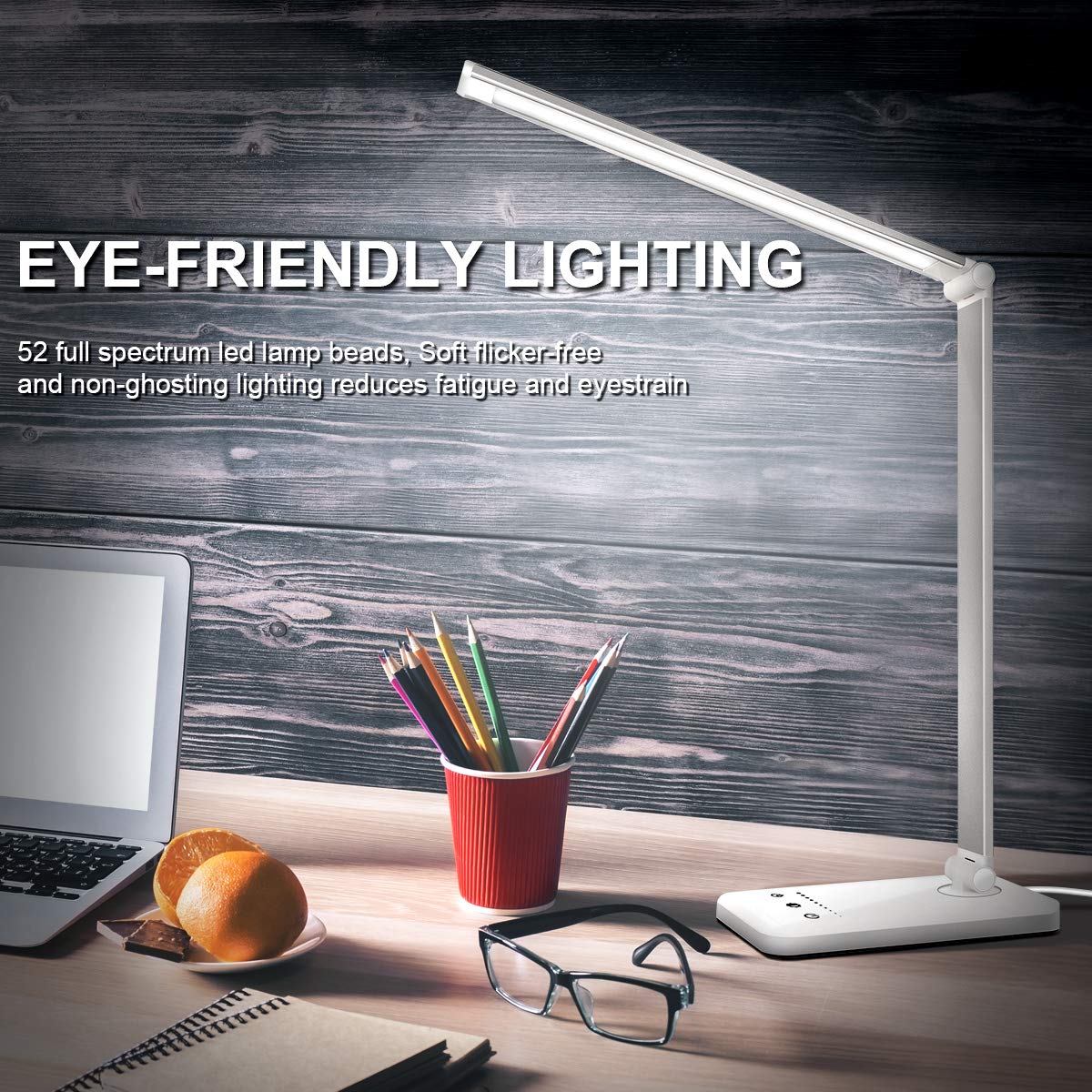 White crown LED Desk Lamp Dimmable Table Lamp Reading Lamp with USB Charging Port, 5 Lighting Modes, Sensitive Control, 30/60 Minutes Auto-Off Timer, Eye-Caring Office Lamp