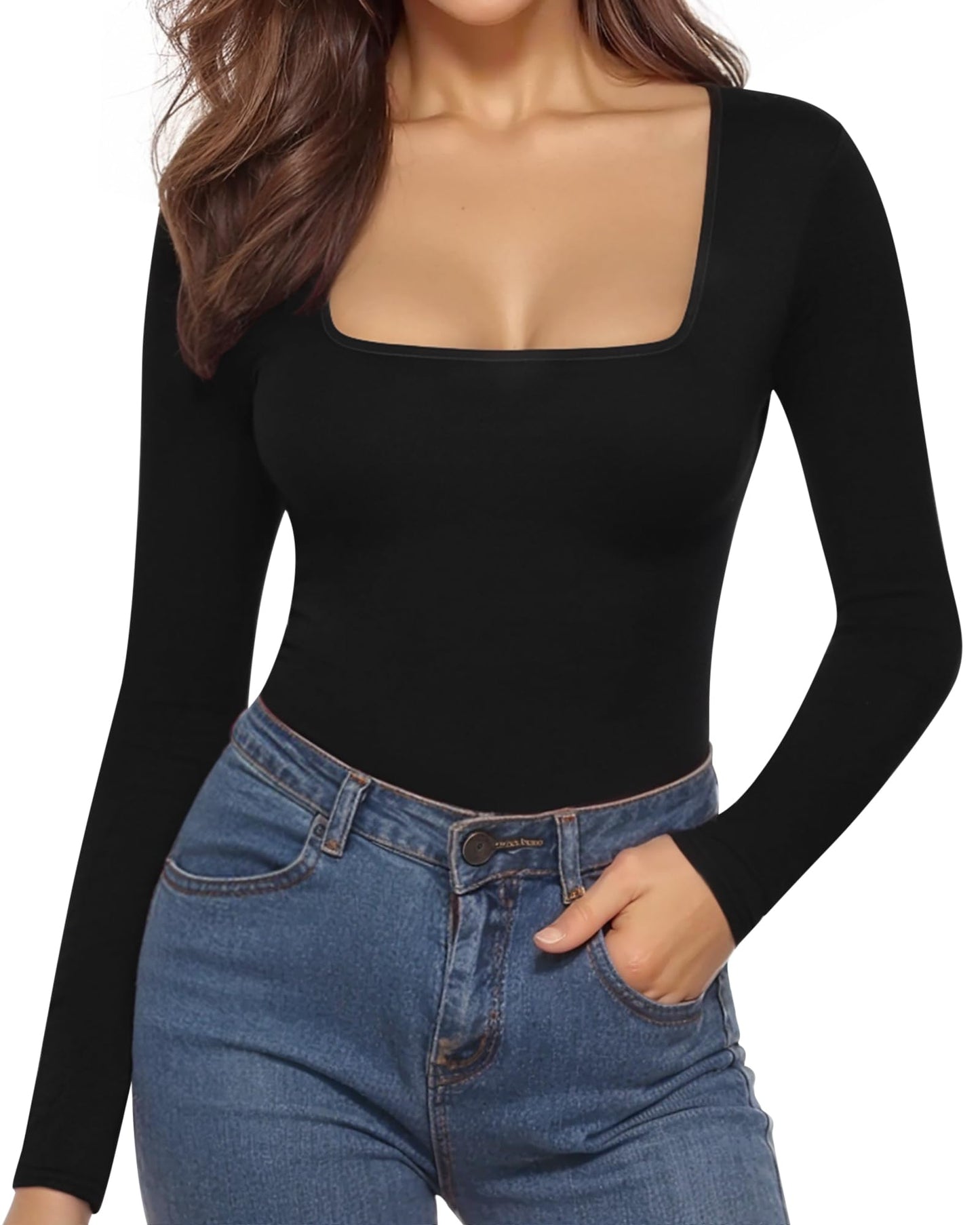 MANGOPOP Bodysuits for Women Long Sleeve Square Neck Tops