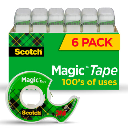 Scotch Magic Tape, Invisible, Repair Christmas Cards and Use as Holiday Gift Wrap Supplies for Christmas, 6 Tape Rolls With Dispensers