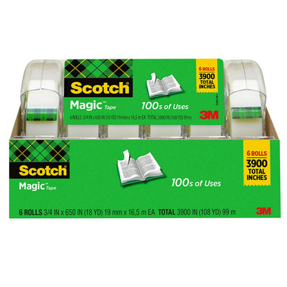 Scotch Magic Tape, Invisible, Repair Christmas Cards and Use as Holiday Gift Wrap Supplies for Christmas, 6 Tape Rolls With Dispensers