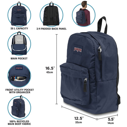 JanSport SuperBreak One Backpack Navy - Durable, Lightweight Bookbag with 1 Main Compartment, Front Utility Pocket with Built-in Organizer - Premium Backpack